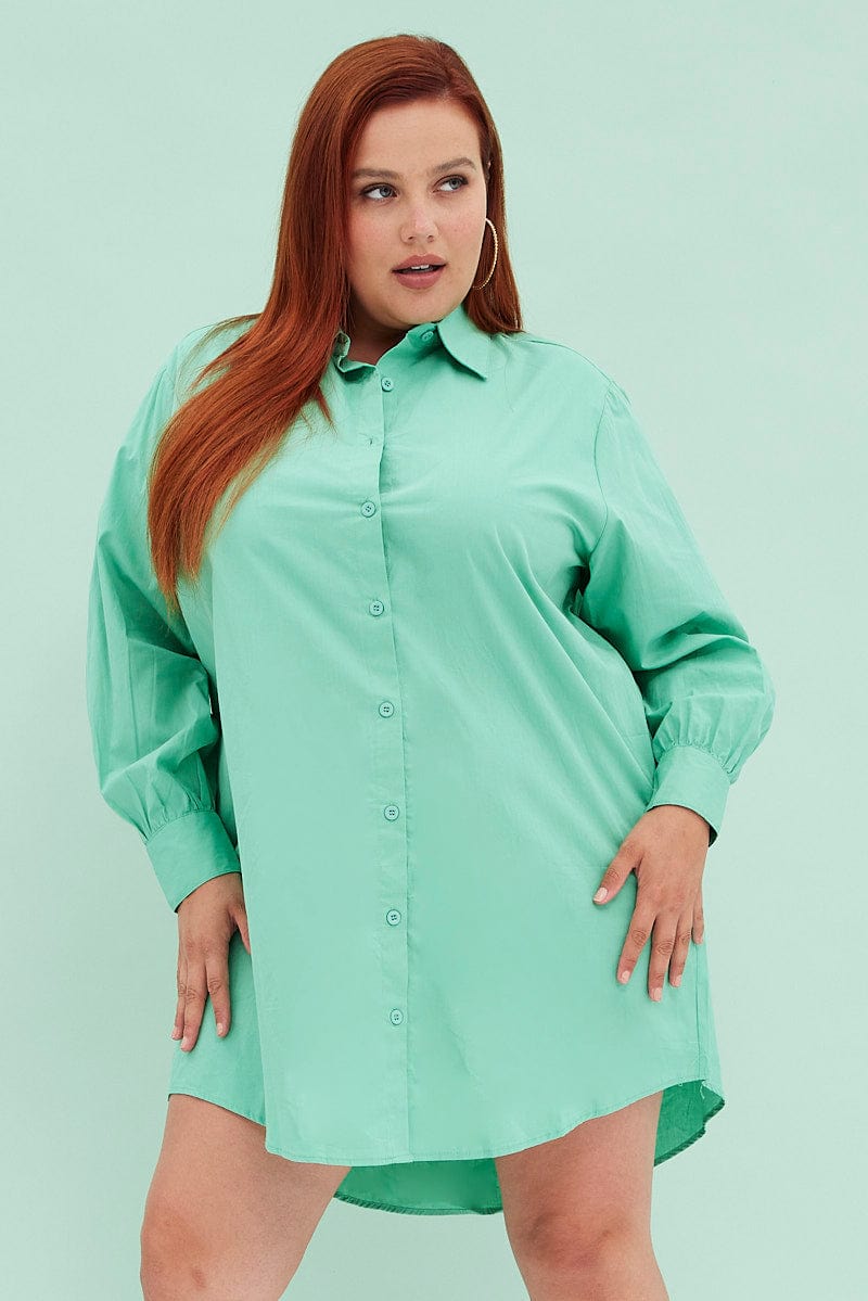 Green Cotton Shirtdress Oversized Long Sleeve for YouandAll Fashion