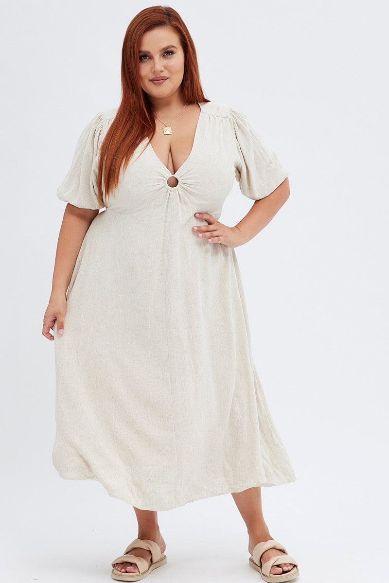 Beige Midi Dress Ring Linen Blend You All