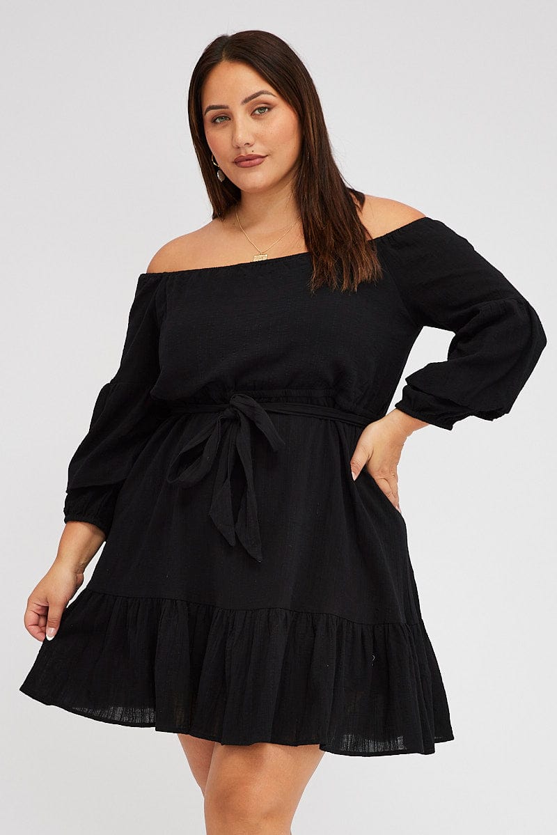 Black Mini Dress Off Shoulder Textured for YouandAll Fashion