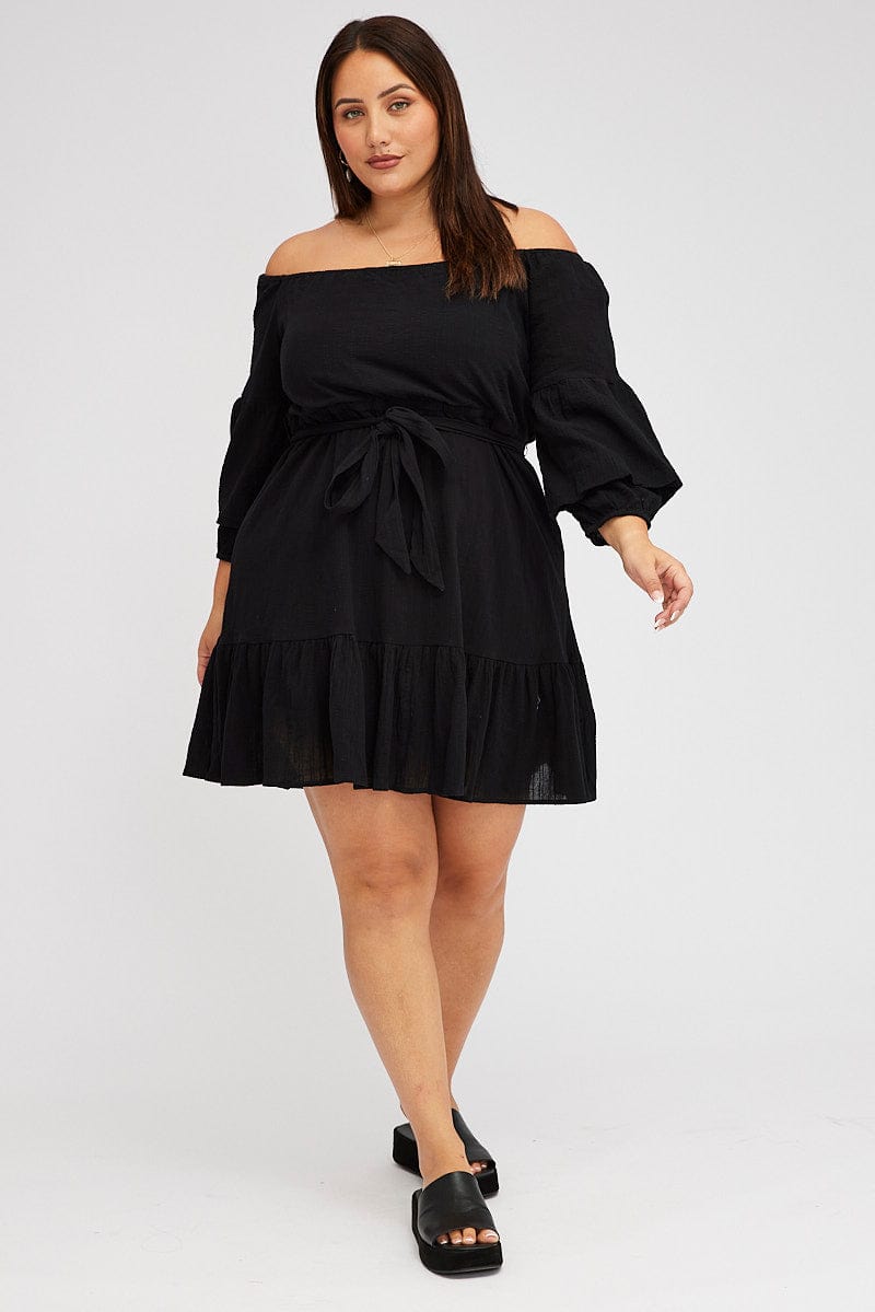 Black Mini Dress Off Shoulder Textured for YouandAll Fashion