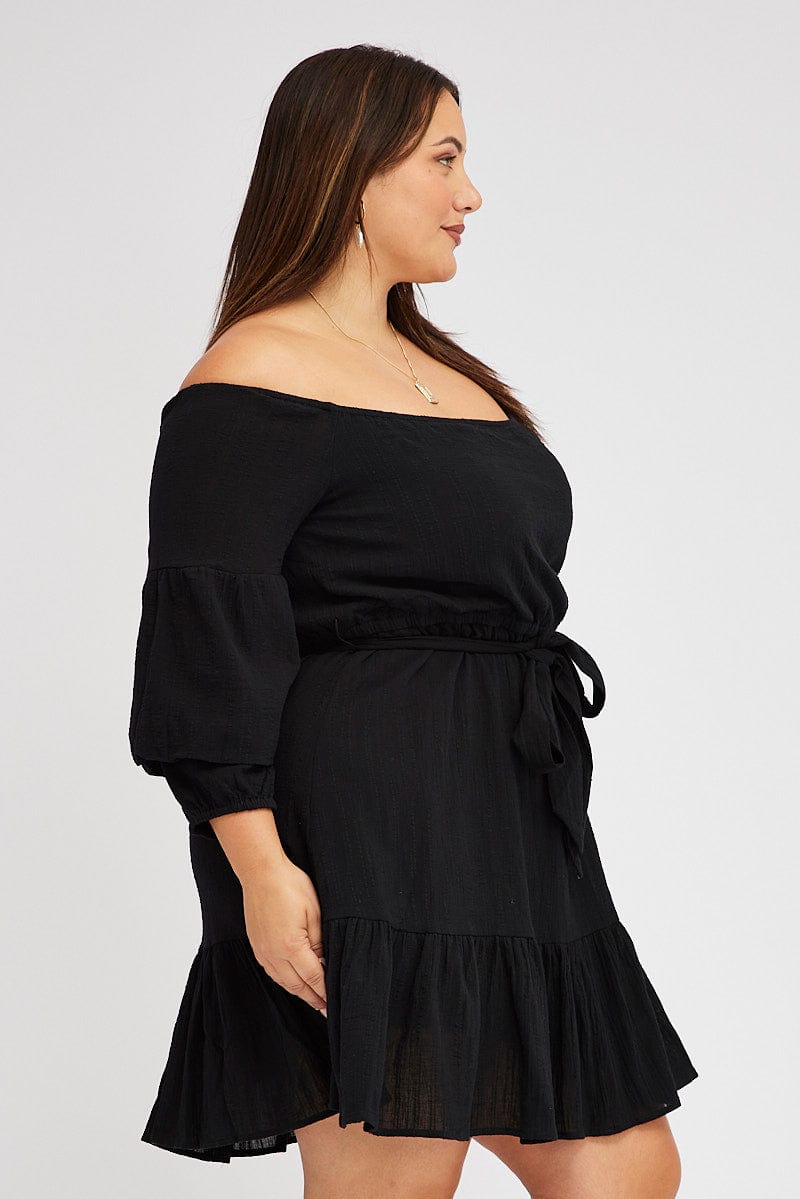 Black Mini Dress Off Shoulder Textured for YouandAll Fashion