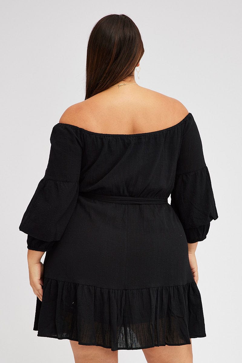 Black Mini Dress Off Shoulder Textured for YouandAll Fashion