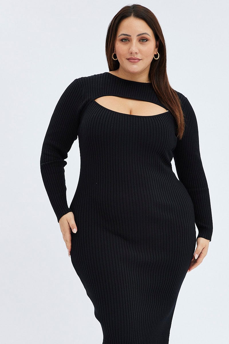 Black Knit Dress Midi Long Sleeve for YouandAll Fashion