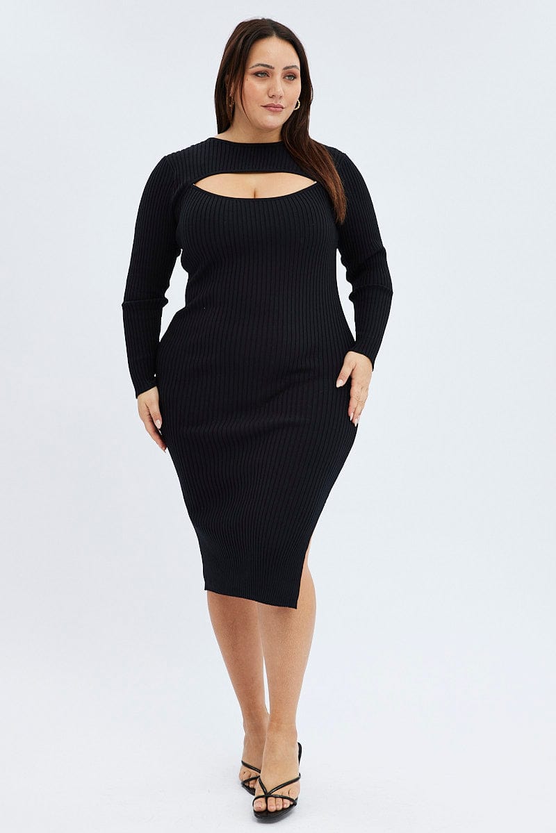 Black Knit Dress Midi Long Sleeve