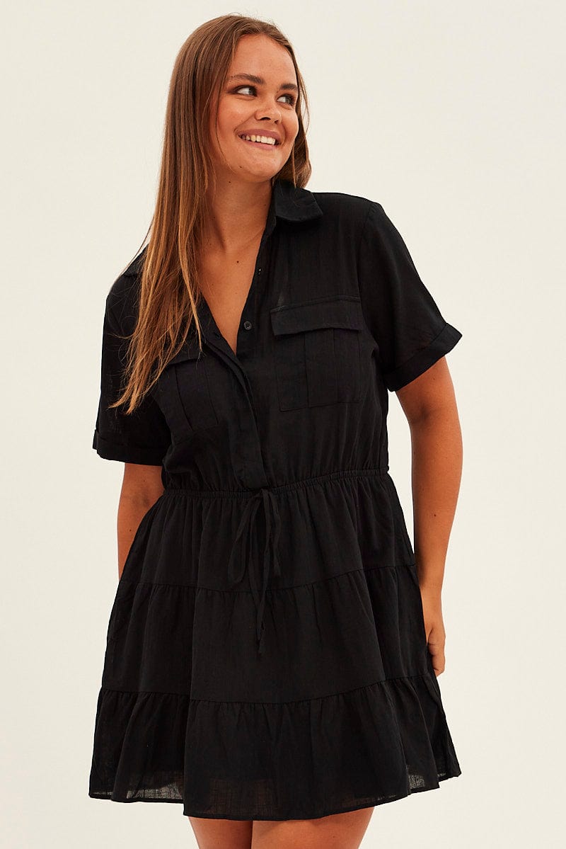 Black Cargo Shirtdress Short Sleeve Cotton Mini for YouandAll Fashion