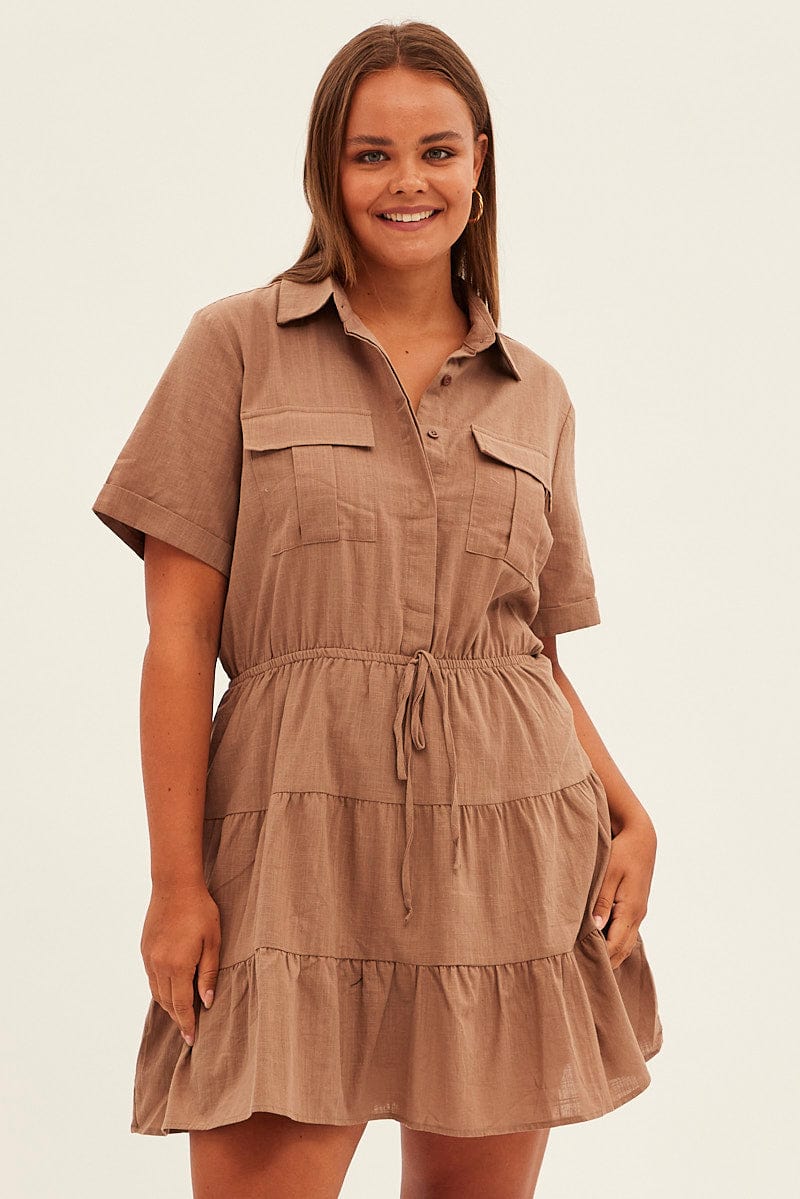 Brown Cargo Shirtdress Short Sleeve Cotton Mini for YouandAll Fashion