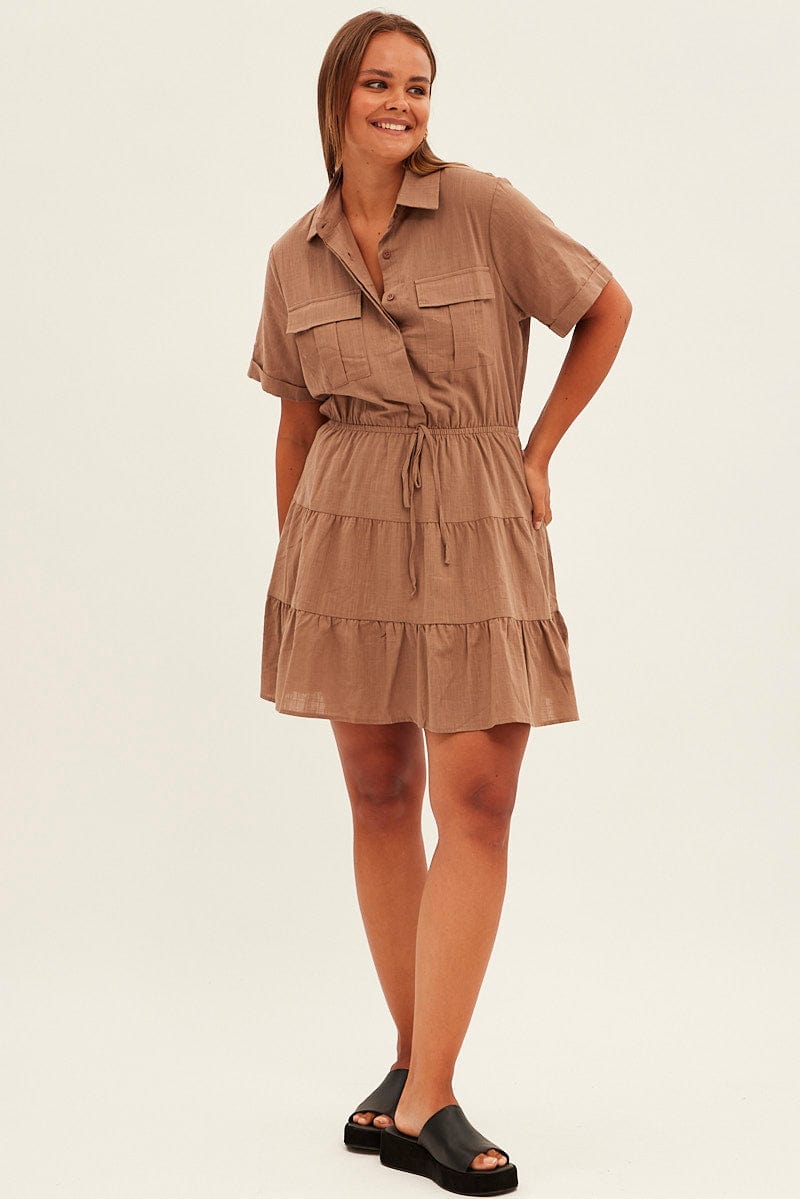 Brown Cargo Shirtdress Short Sleeve Cotton Mini for YouandAll Fashion