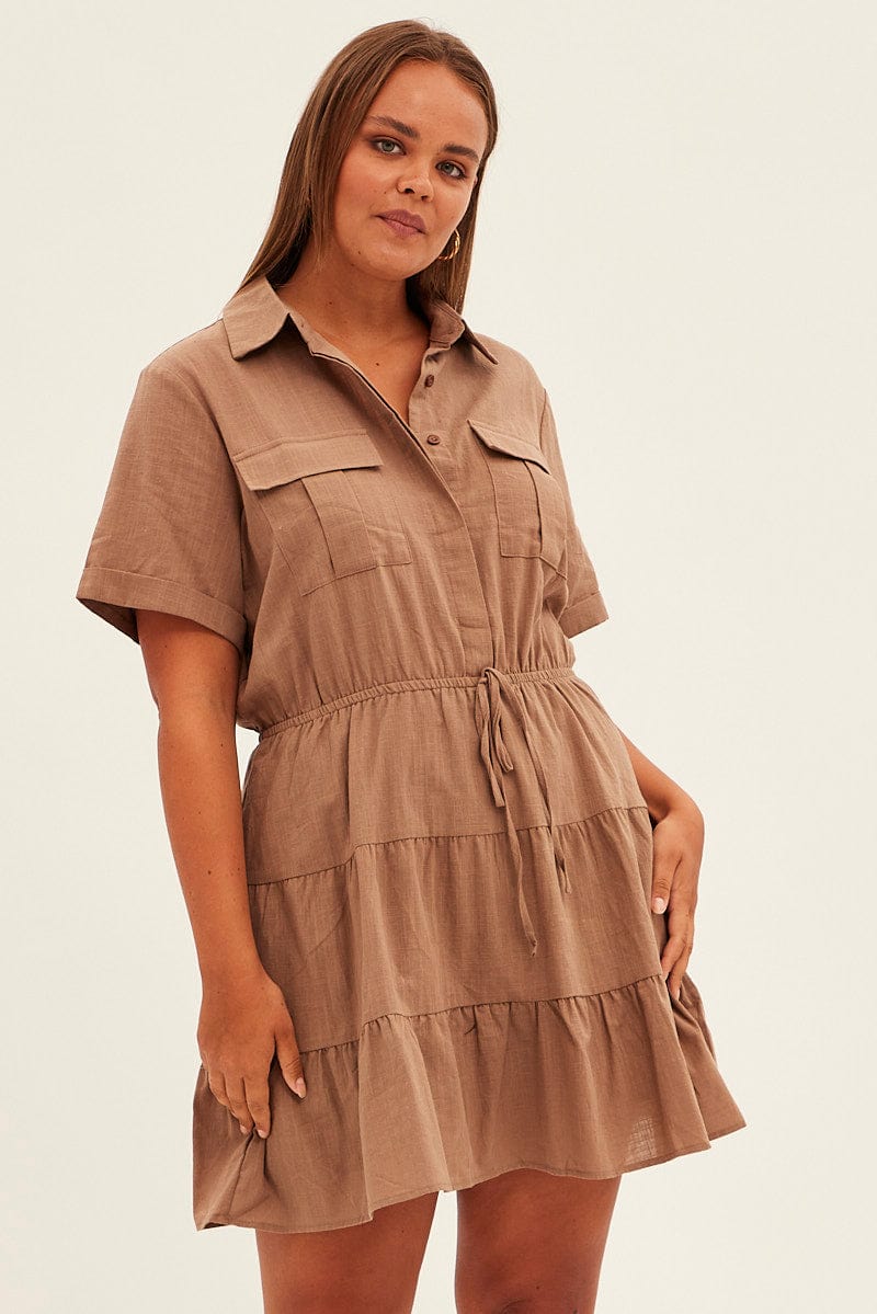 Brown Cargo Shirtdress Short Sleeve Cotton Mini for YouandAll Fashion