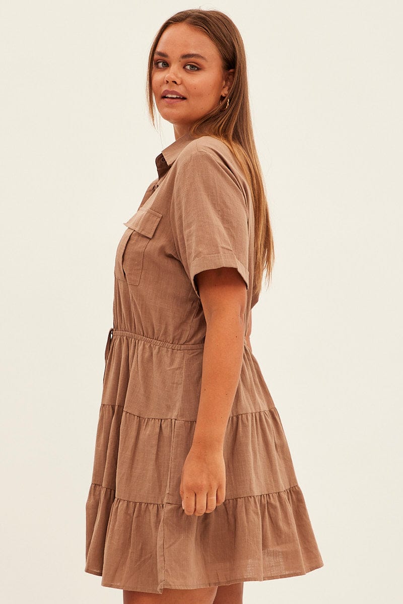 Brown Cargo Shirtdress Short Sleeve Cotton Mini for YouandAll Fashion