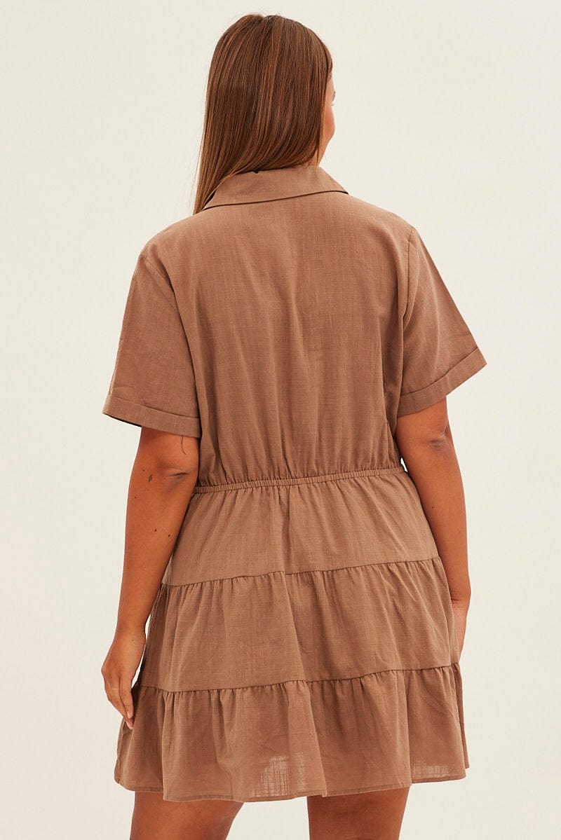 Brown Cargo Shirtdress Short Sleeve Cotton Mini for YouandAll Fashion