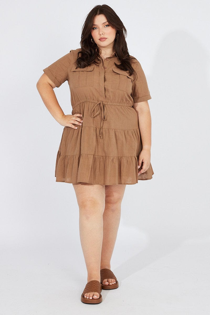 Brown Cargo Shirtdress Short Sleeve Cotton Mini for YouandAll Fashion