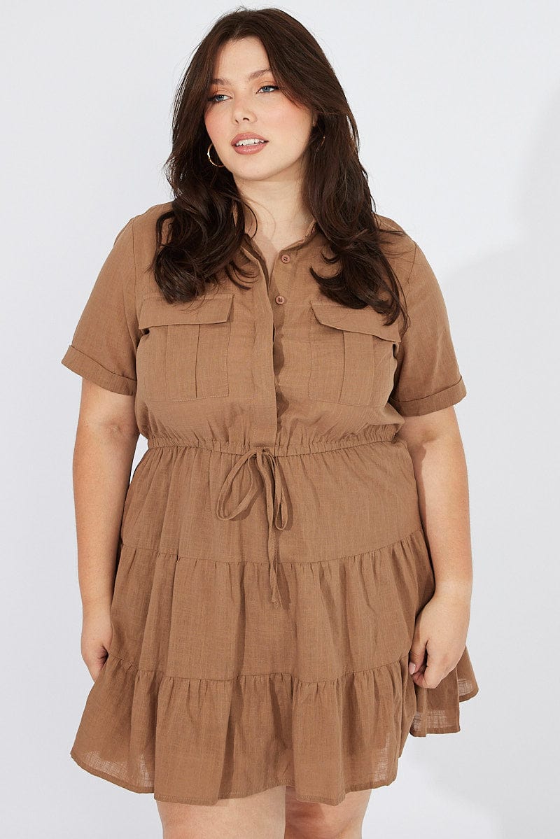 Brown Cargo Shirtdress Short Sleeve Cotton Mini for YouandAll Fashion