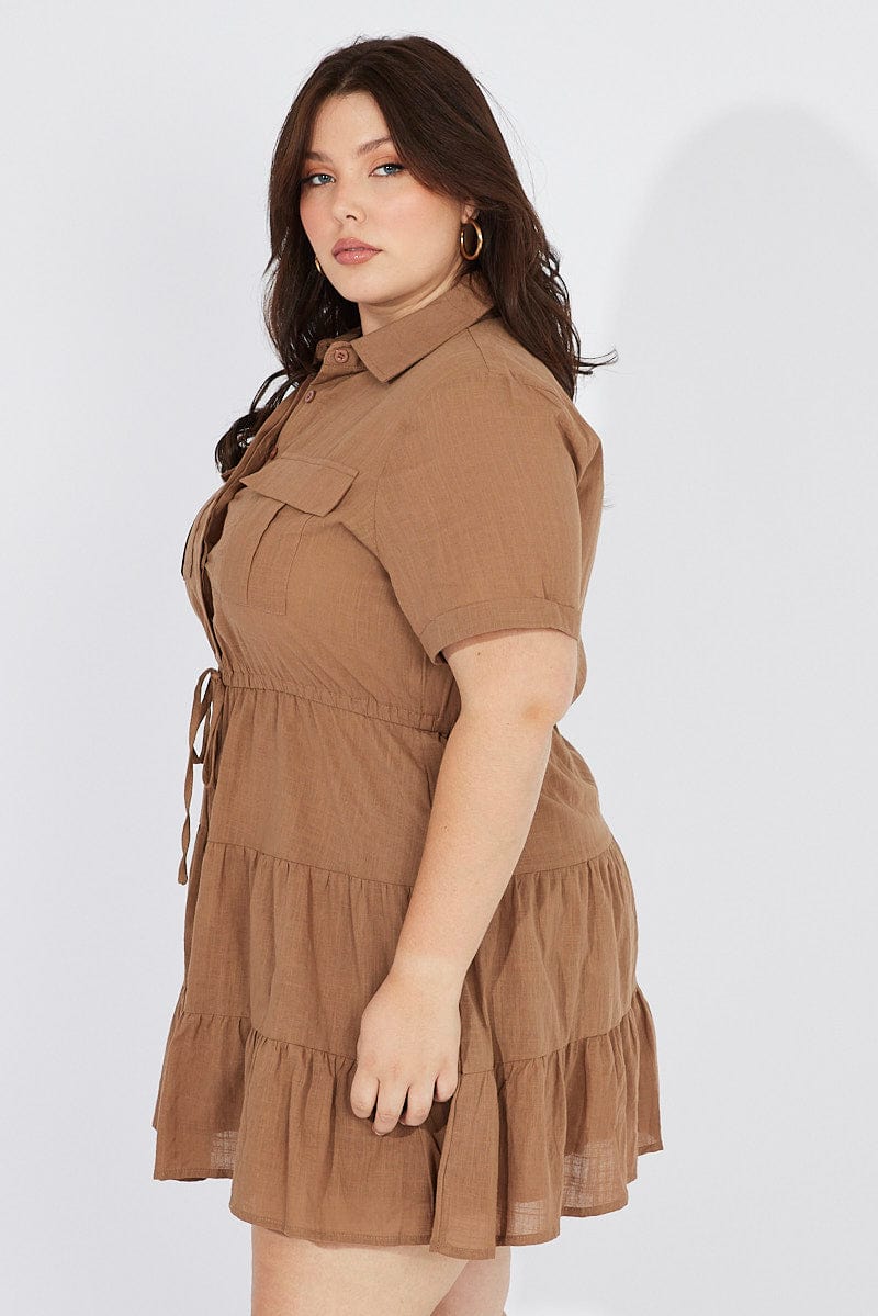 Brown Cargo Shirtdress Short Sleeve Cotton Mini for YouandAll Fashion