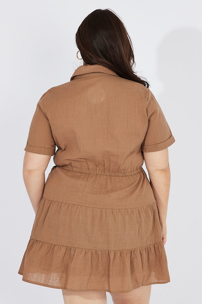 Brown Cargo Shirtdress Short Sleeve Cotton Mini for YouandAll Fashion