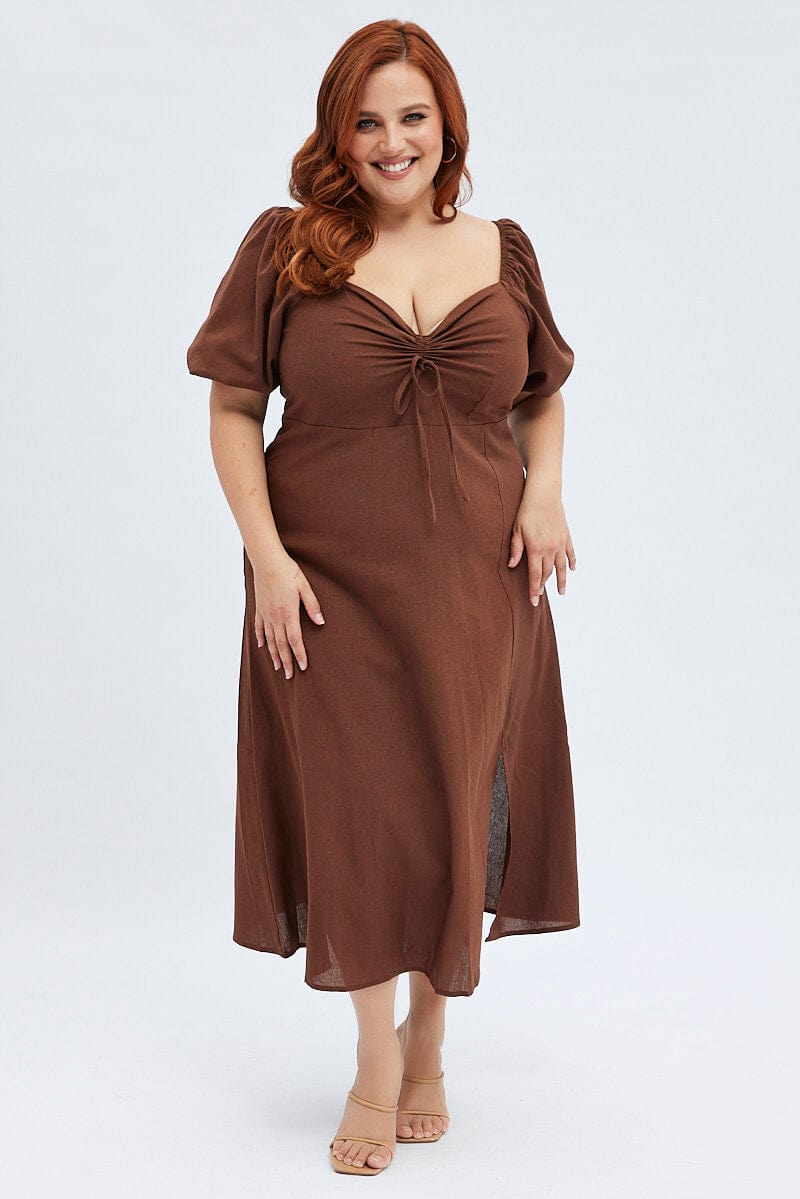 Rust Midi Dress Fitted Drawstring Front Puff Sleeve | You & All