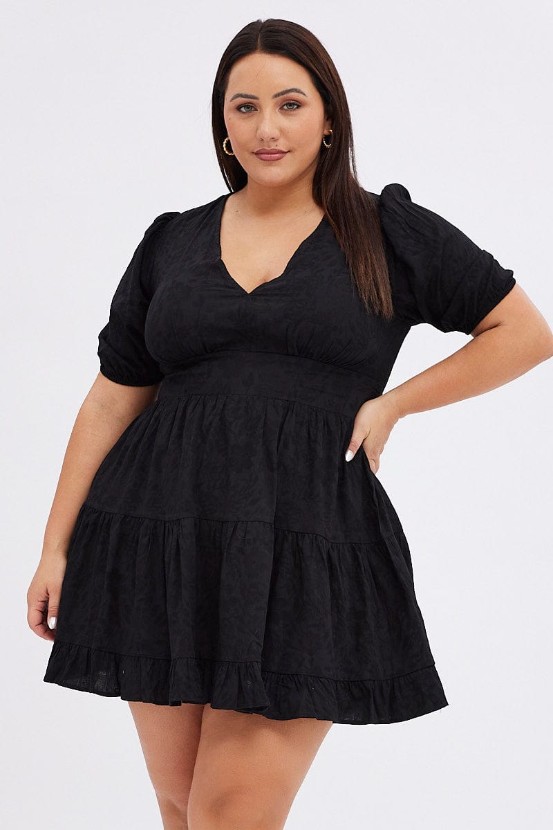 Black Skater Dress Short Puff Sleeve Textured for YouandAll Fashion