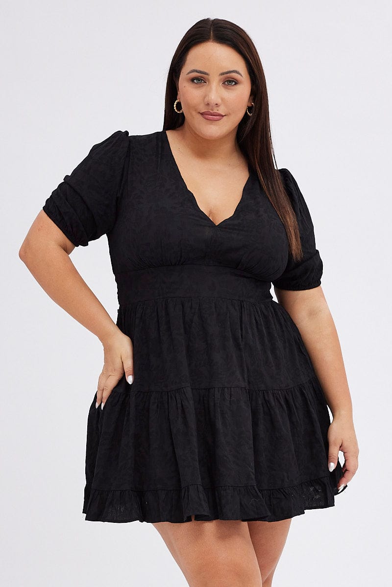 Black Skater Dress Short Puff Sleeve Textured for YouandAll Fashion