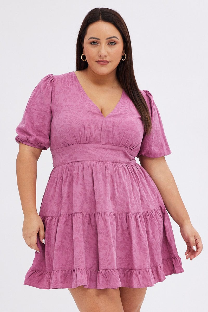 Purple Skater Dress Short Puff Sleeve Textured for YouandAll Fashion