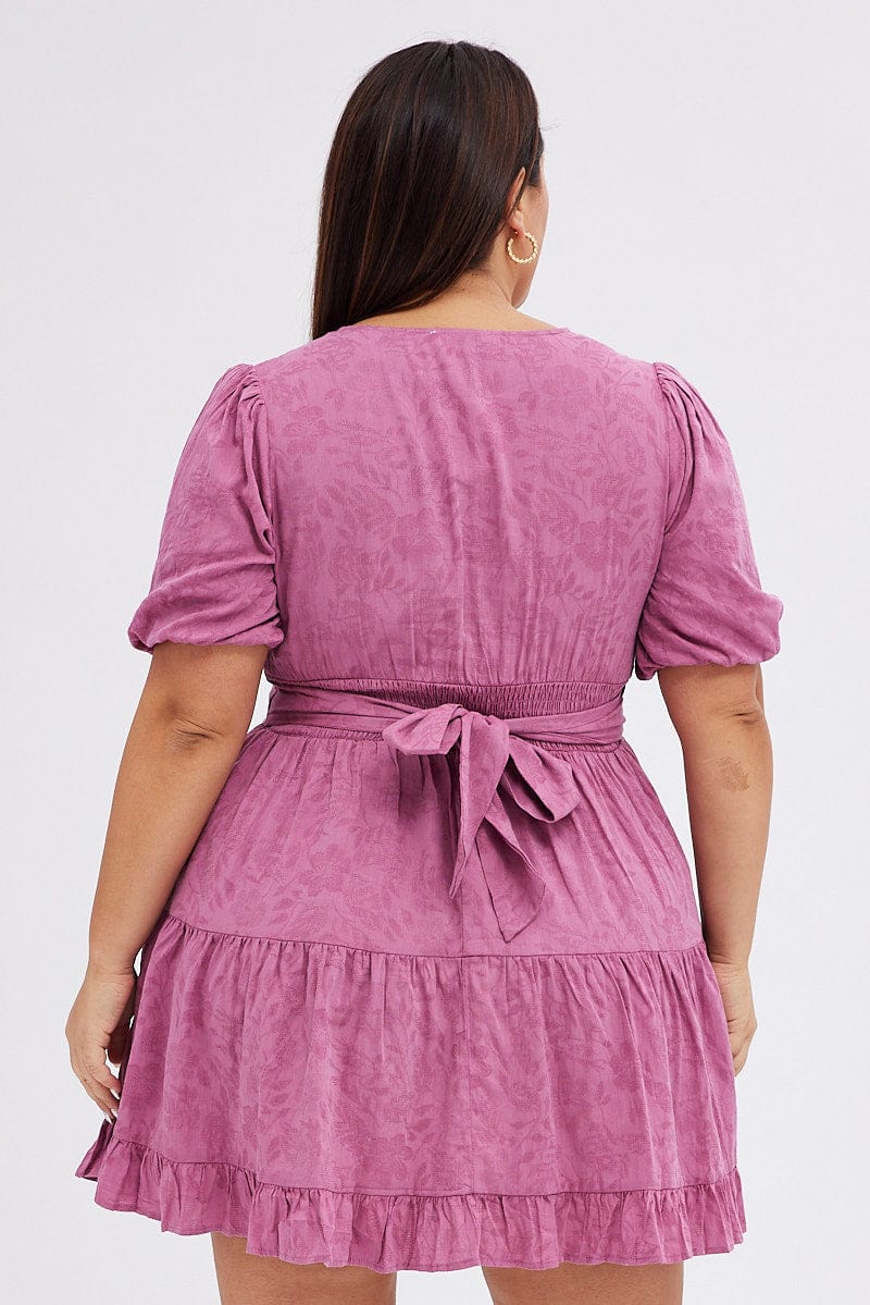 Purple Skater Dress Short Puff Sleeve Textured for YouandAll Fashion