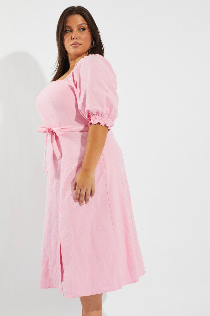 Pink Tie Puff Sleeve Midi Dress for YouandAll Fashion