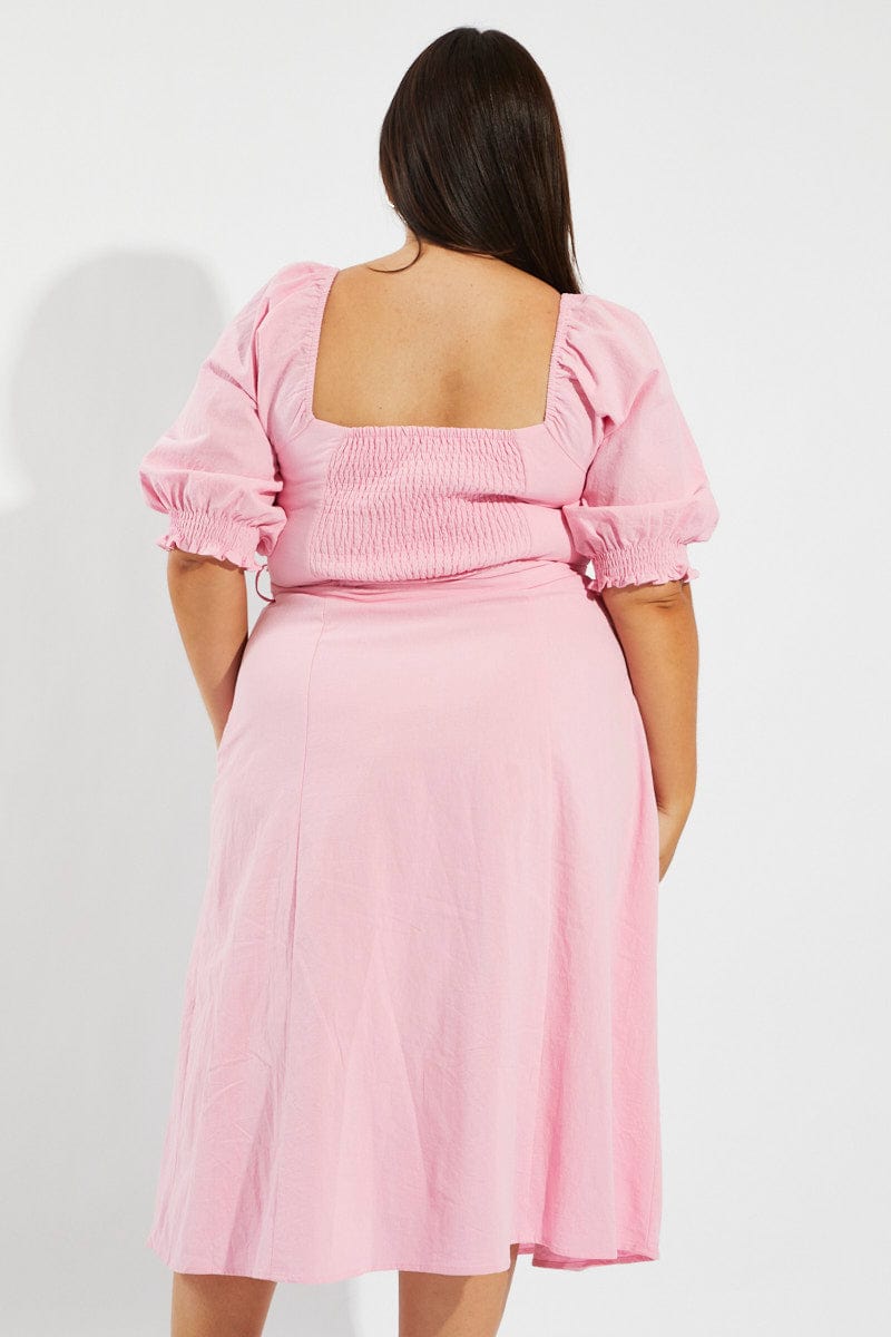 Pink Tie Puff Sleeve Midi Dress for YouandAll Fashion