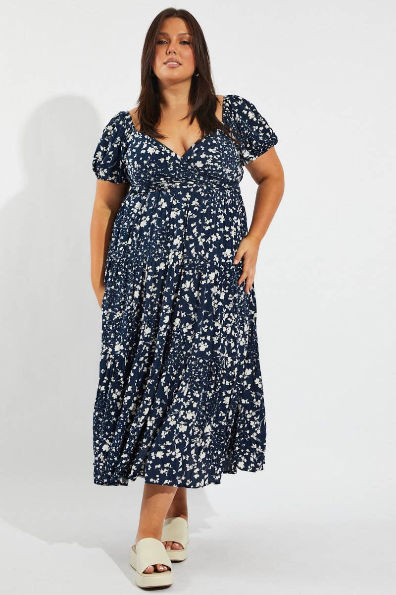 Blue Ditsy Crossover Front Midi Dress | You & All Blue Ditsy Crossover Front Midi Dress | You & All