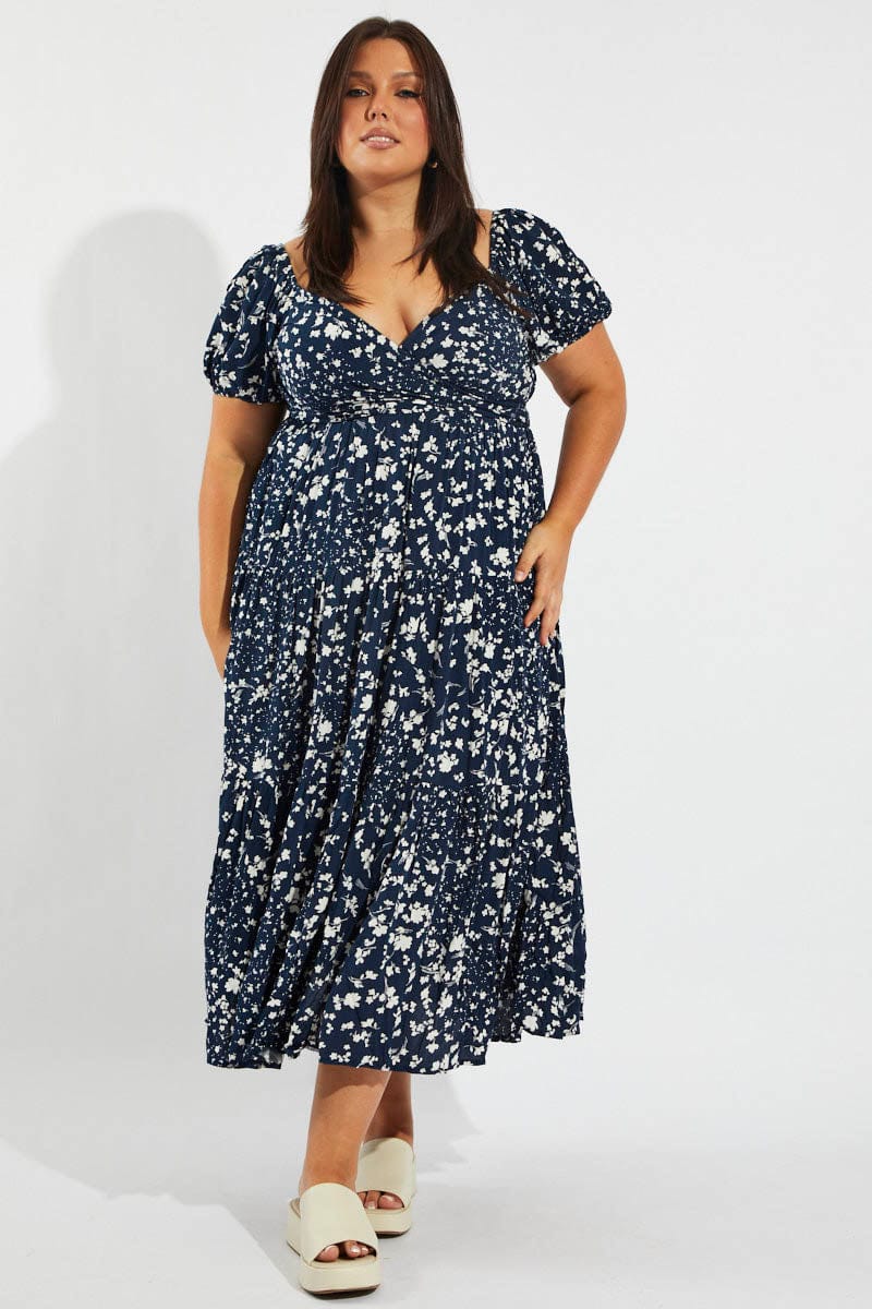 Blue Ditsy Crossover Front Midi Dress for YouandAll Fashion