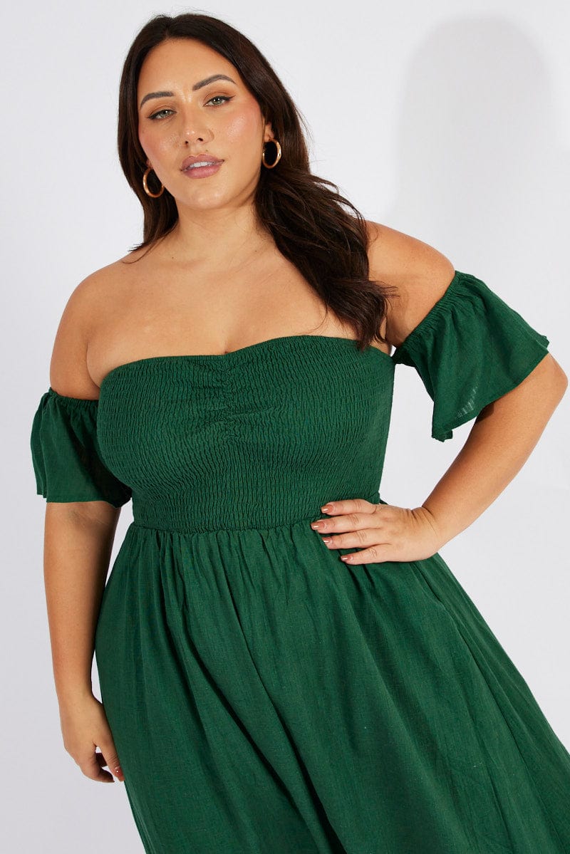 Green Off Shoulder Flutter Sleeve Midi Dress for YouandAll Fashion