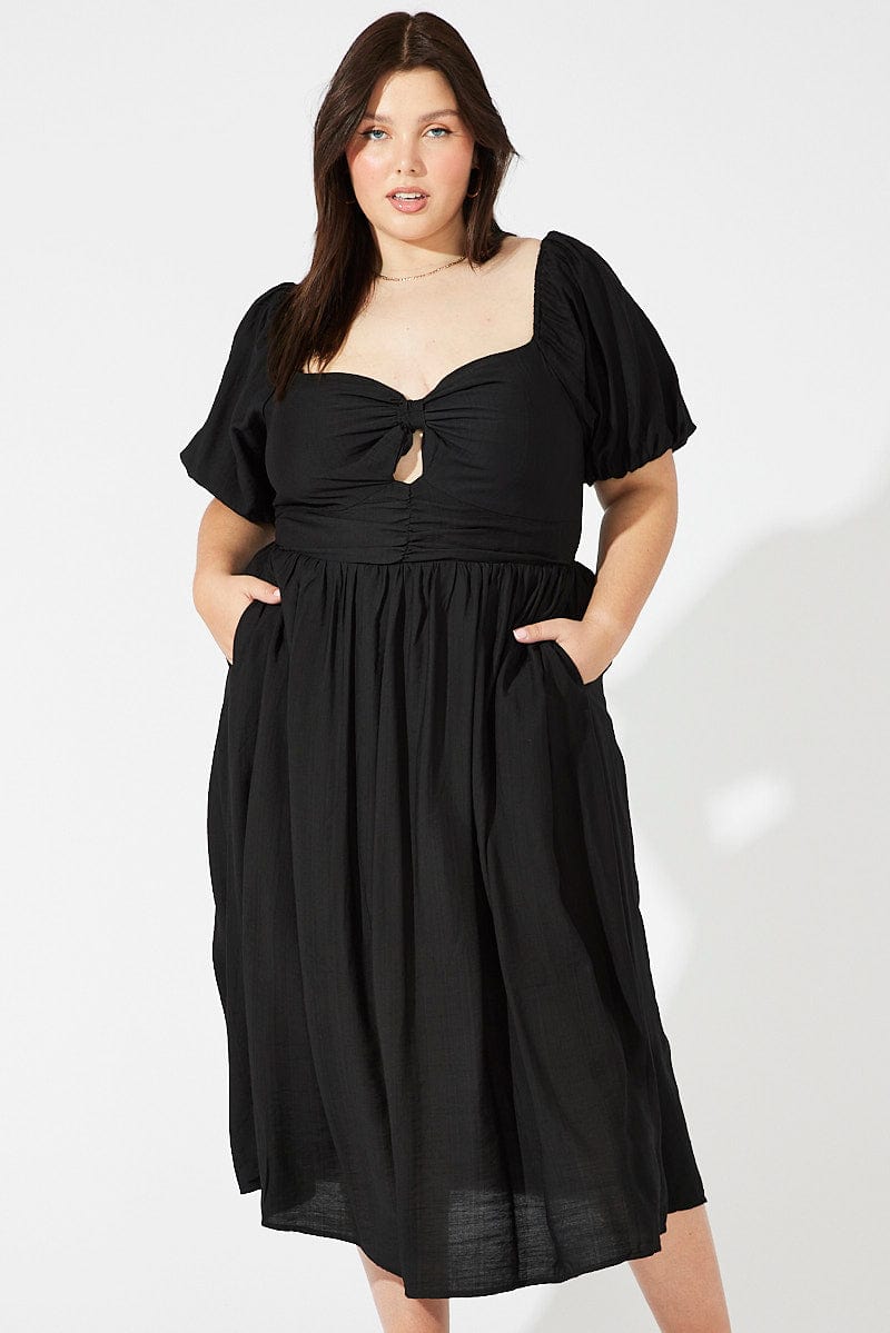 Black Ruched Waist Detail Midi Dress