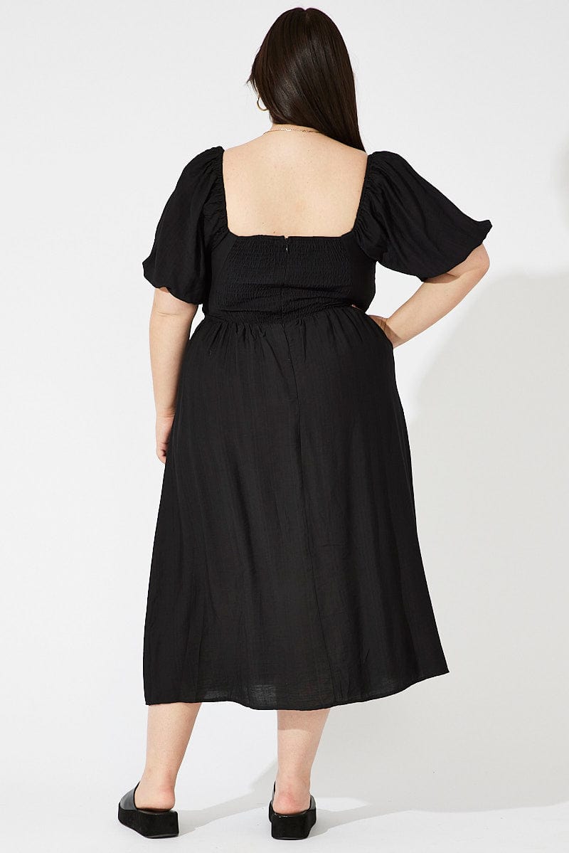Black Ruched Waist Detail Midi Dress