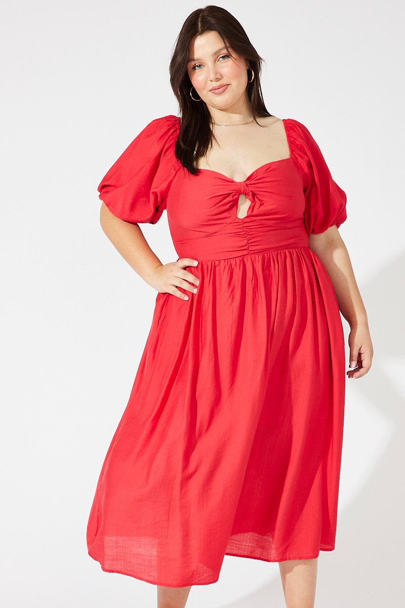 Red Ruched Waist Detail Midi Dress for YouandAll Fashion