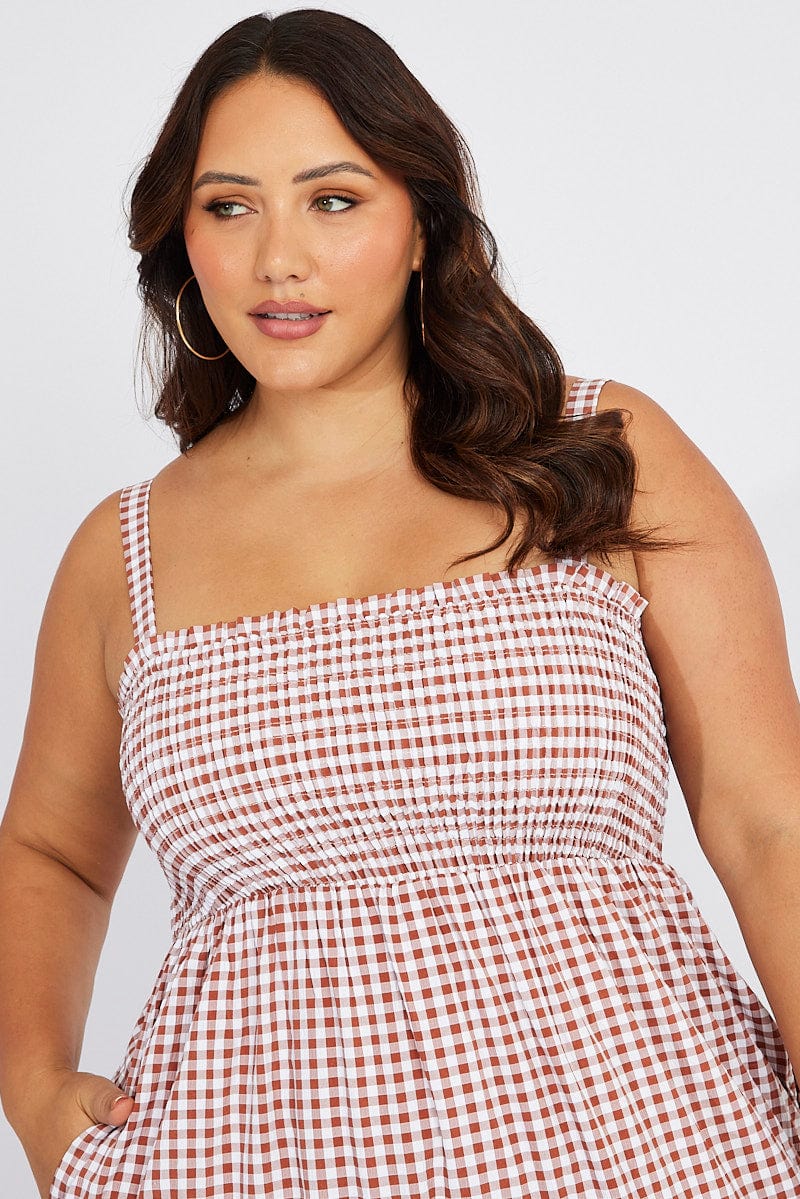 Brown Check Shirred Bodice Frill Gingham Midi Dress for YouandAll Fashion