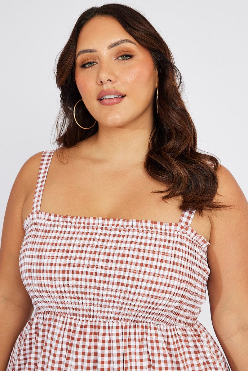 Brown Check Shirred Bodice Frill Gingham Midi Dress for YouandAll Fashion
