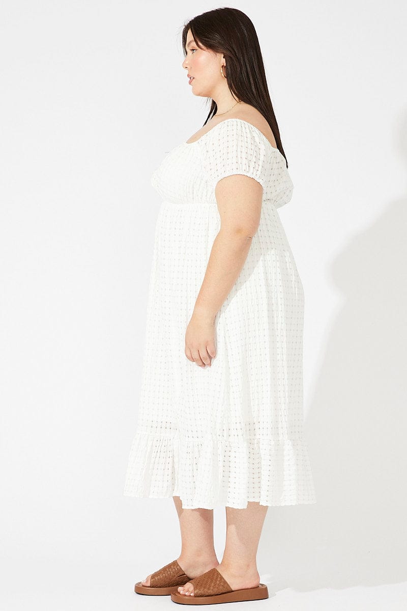 White Midi Dress Off Shoulder Self Check Split Front for YouandAll Fashion