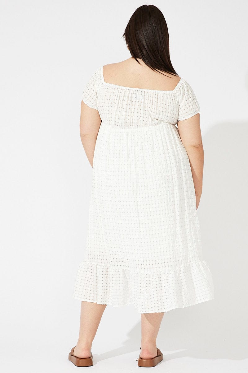 White Midi Dress Off Shoulder Self Check Split Front for YouandAll Fashion