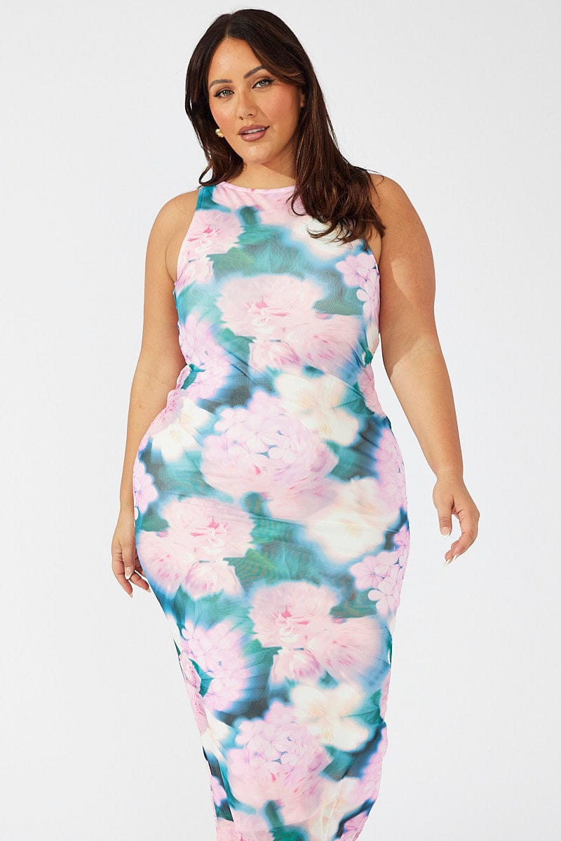 Women's Elegant Gradient Colored Print Mesh Ruffled Bodycon Maxi Dress main image 0