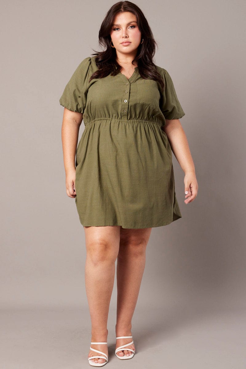 Green Puff Sleeve Curve Hem Shirt Dress | You & All Green Puff Sleeve Curve Hem Shirt Dress | You & All