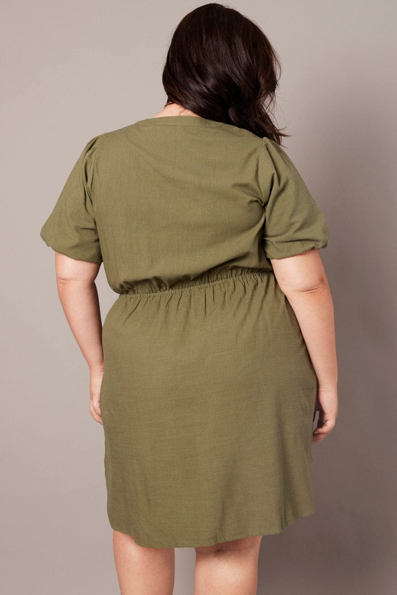 Green Puff Sleeve Curve Hem Shirt Dress for YouandAll Fashion