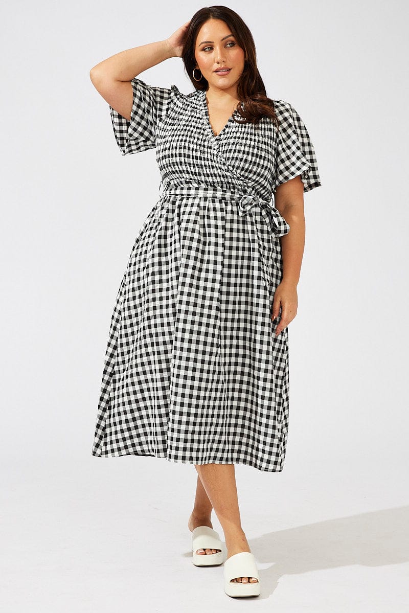 Black Check Gingham Wrapover Shirred Front Midi Dress for YouandAll Fashion