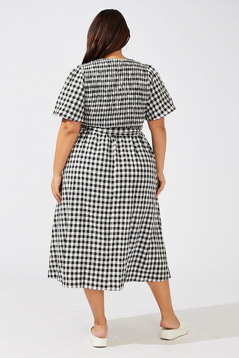Black Check Gingham Wrapover Shirred Front Midi Dress for YouandAll Fashion