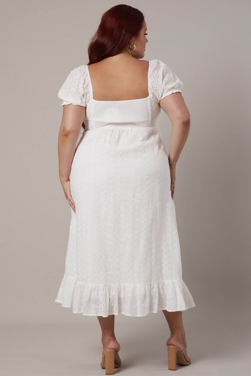 White Eyelet Cotton Midi Dress Tie Front Puff Sleeve for YouandAll Fashion