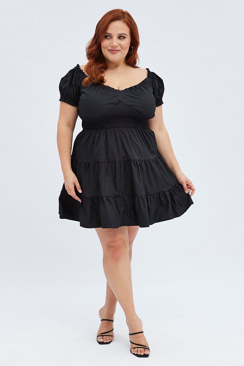 Black Fit and Flare Dress Short Sleeve Shirred for YouandAll Fashion