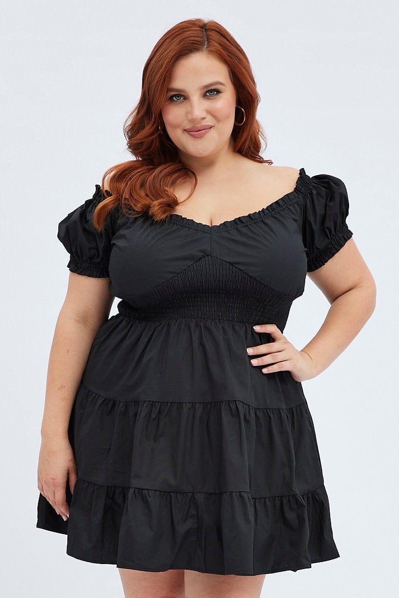 Black Fit And Flare Dress Short Sleeve Shirred | You & All Black Fit And Flare Dress Short Sleeve Shirred | You & All