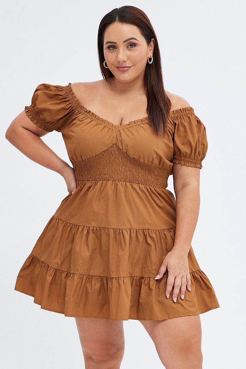 Brown Fit and Flare Dress Short Sleeve Shirred for YouandAll Fashion