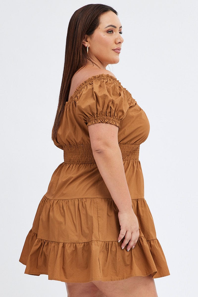 Brown Fit and Flare Dress Short Sleeve Shirred for YouandAll Fashion