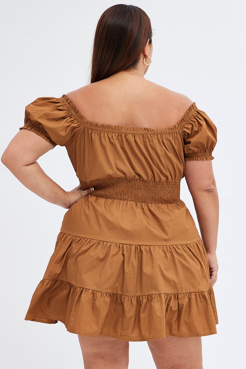 Brown Fit And Flare Dress Short Sleeve Shirred