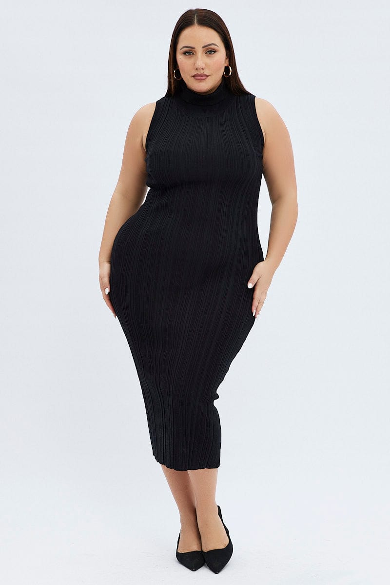 Black Knit Dress Midi Length High Neck Sleeveless for YouandAll Fashion