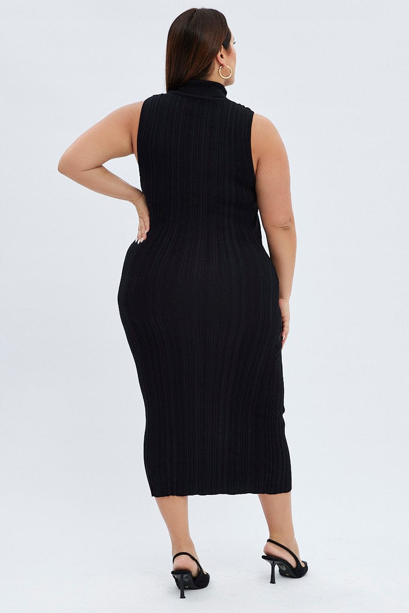 Black Knit Dress Midi Length High Neck Sleeveless for YouandAll Fashion