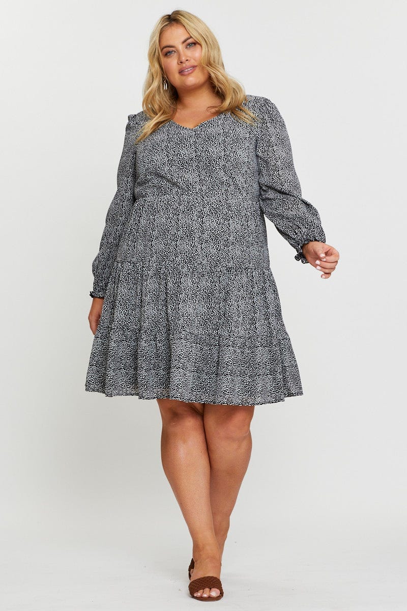 Geo Print Skater Dress V-Neck Long Sleeve For Women By You And All