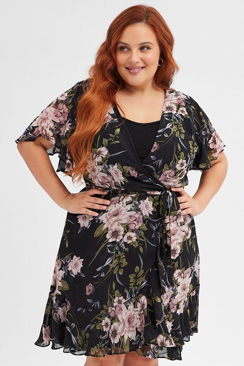 Black Floral Fit and Flare Dress Short Sleeve Wrap for YouandAll Fashion